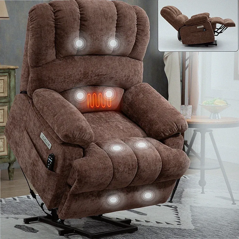 23" Seat Width Chenille Power Lift Recliner - 8-Point Massage, Lumbar Heat,Brown