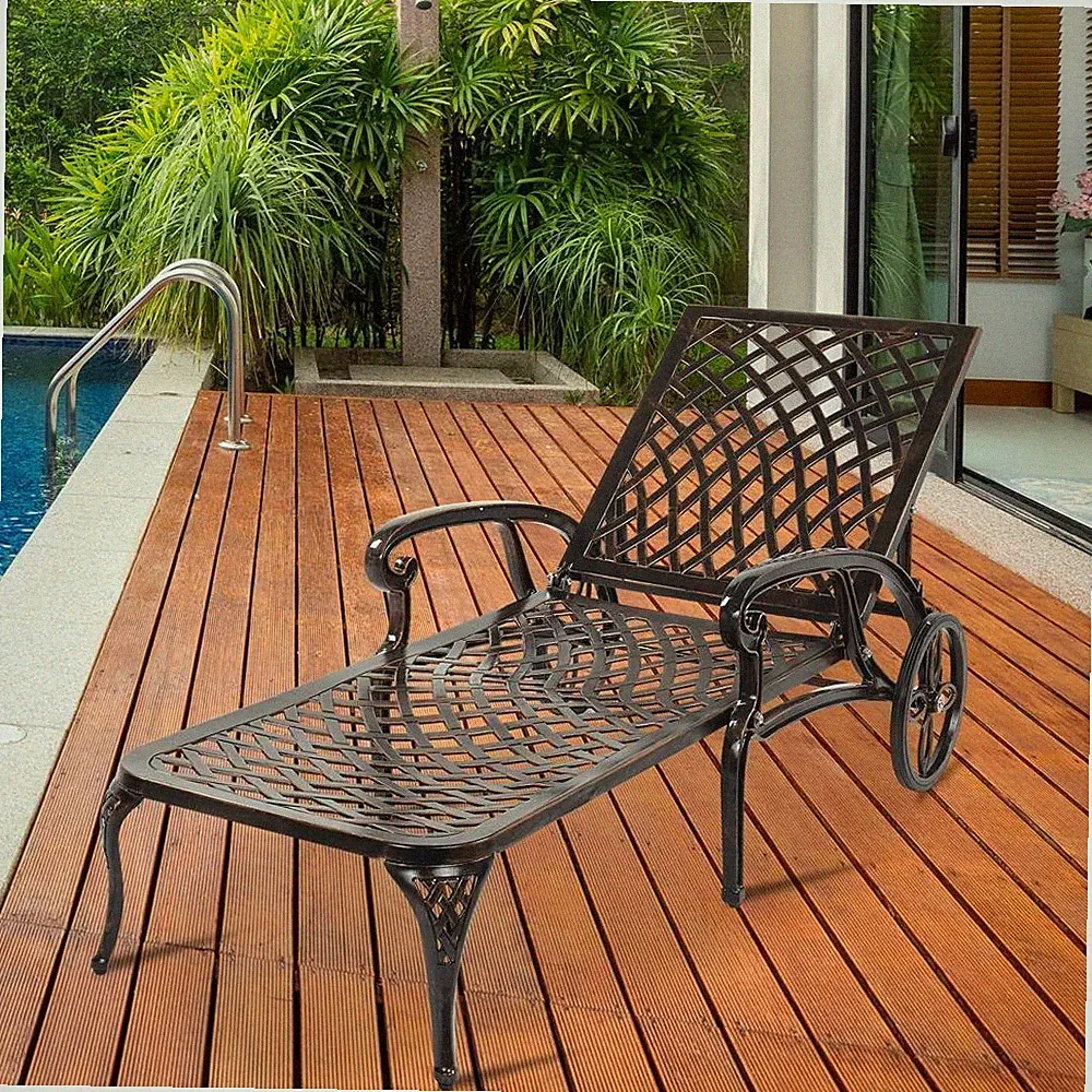 Adjustable Pool Chaise Lounge Chair Patio Cast Aluminum Recliner with Wheels NEW