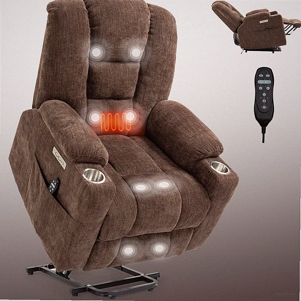 EMON'S Power Lift Recliner Massage Heat Elderly USB-C 2 Cup Holders Brown 350LB