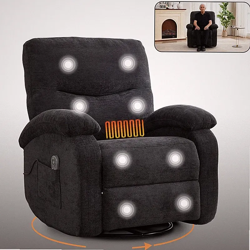 Heat Massage Manual Recliner Chair with Rocker Arms & Rotating Fabric Dark Grey