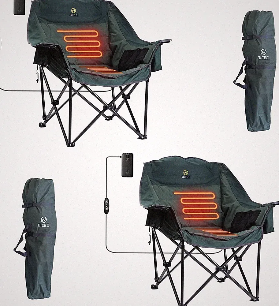Heated XL Camping Chair with Battery, Cooler & Cup Holder - Heavy Duty Green