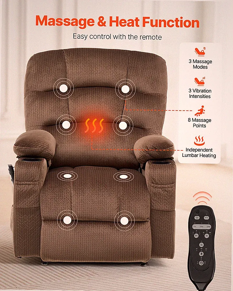 Large Power Lift Recliner Chair Dual Motor Heat Massage USB Brown