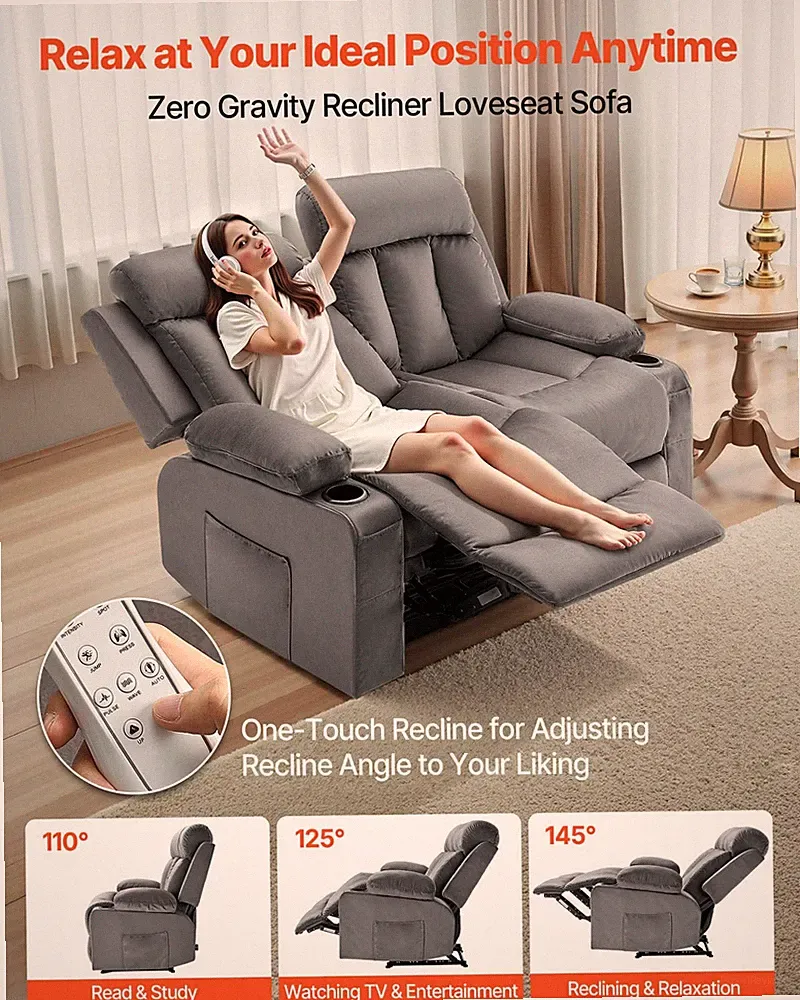 Loveseat Recliner Sofa, Power Reclining Couch with Heating and Massage, Grey