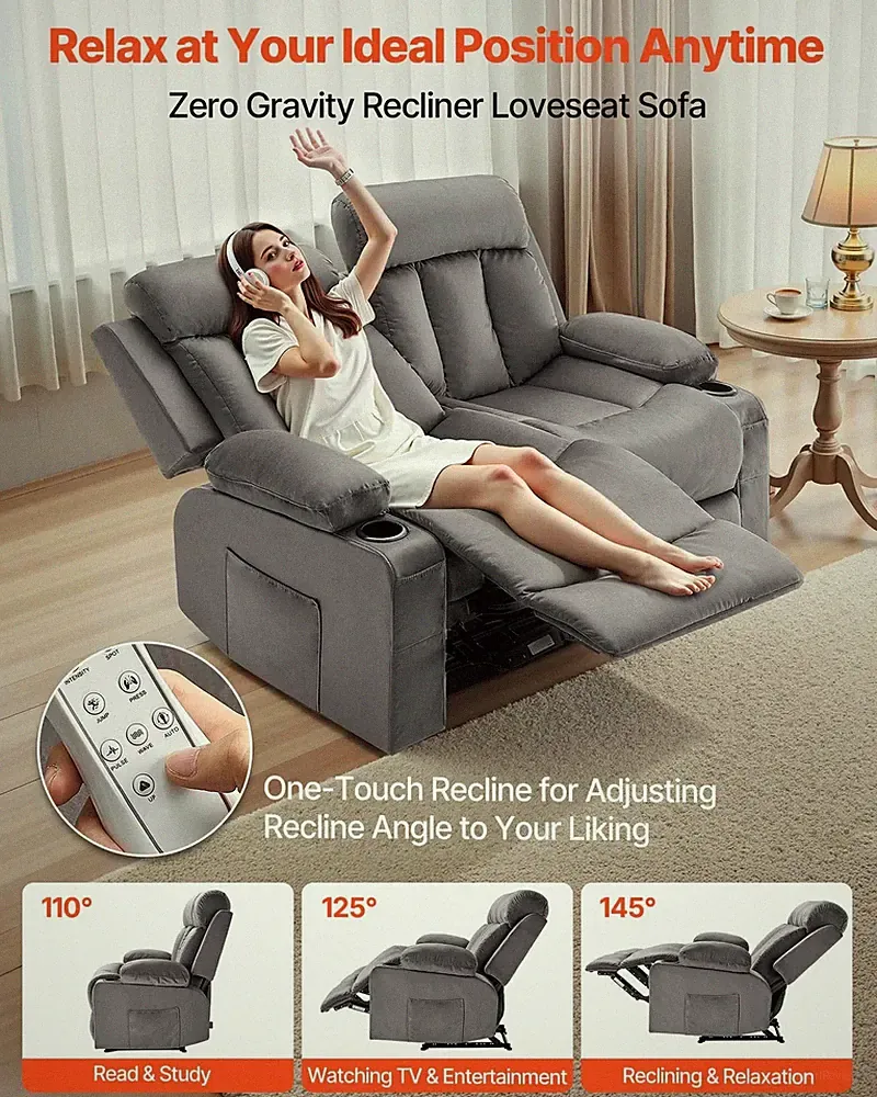 Loveseat Recliner Sofa, Power Reclining Couch with Heating and Massage, Soft Vel