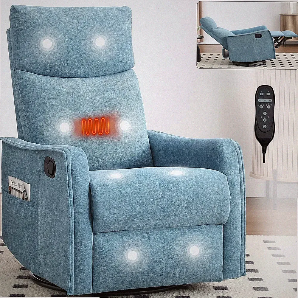 Manual recliner with heat & massage rocker & swivel. Blue fabric for living room