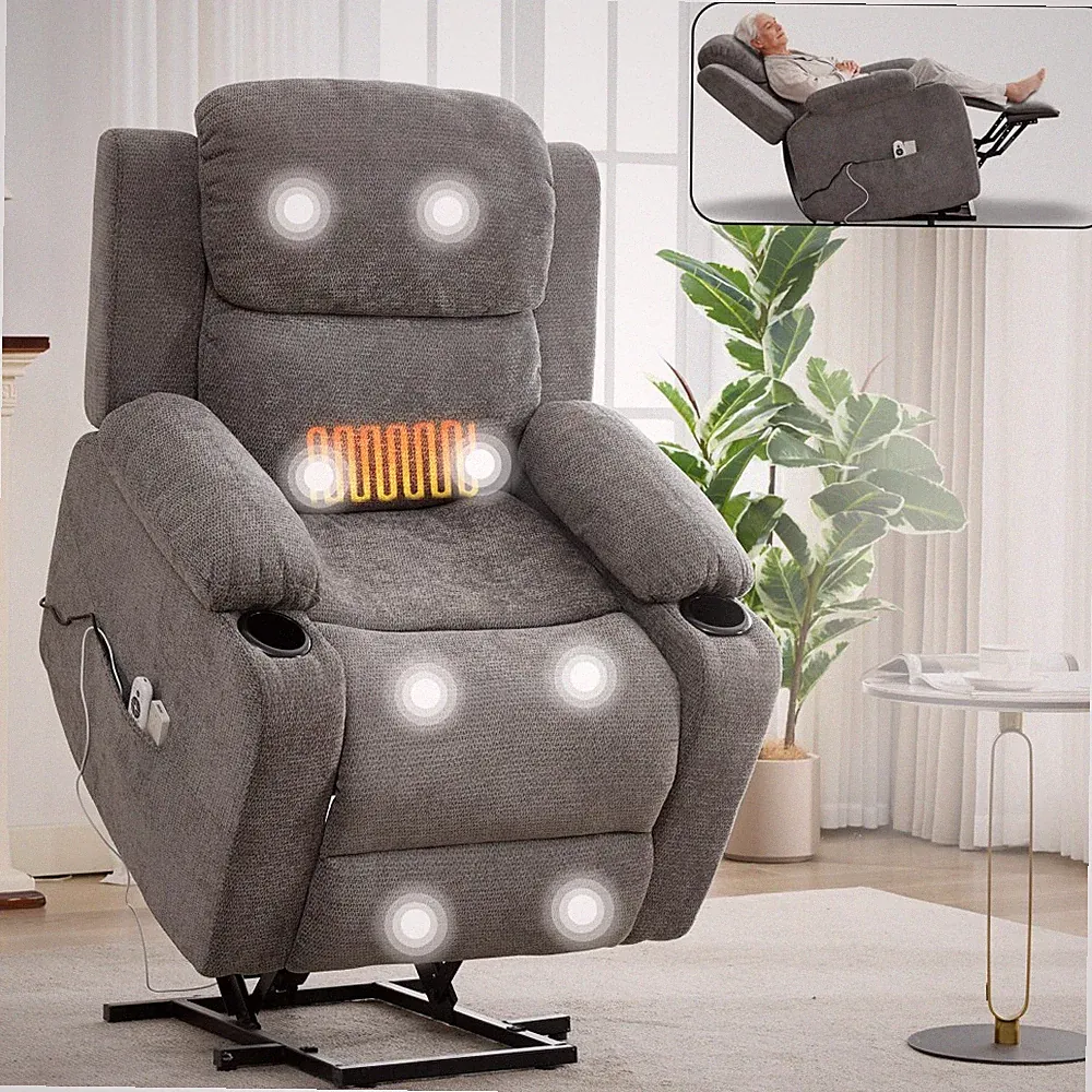 Power Lift Recliner Chair w/ Massage & Heat for Elderly, Heavy Duty, Grey