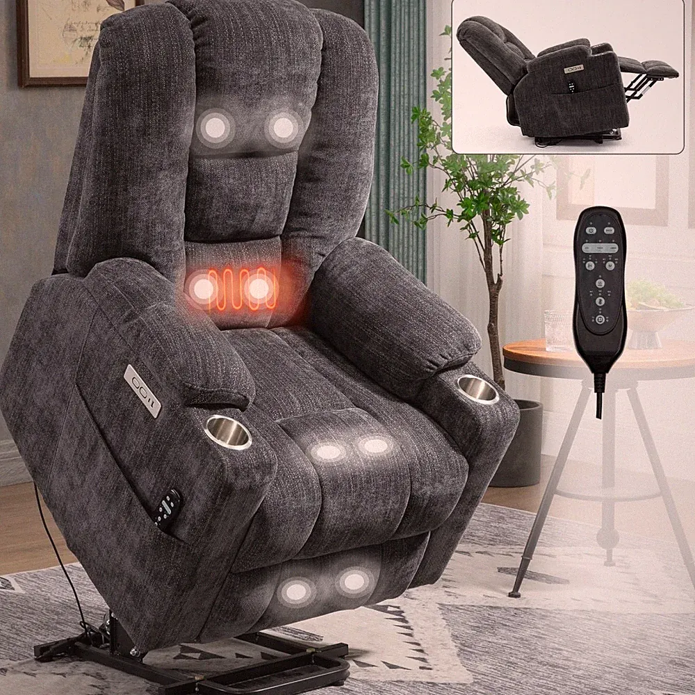 Power Lift Recliner Massage Heat Elderly Chairs USB-C 2 Cup Holders Brown 350LB