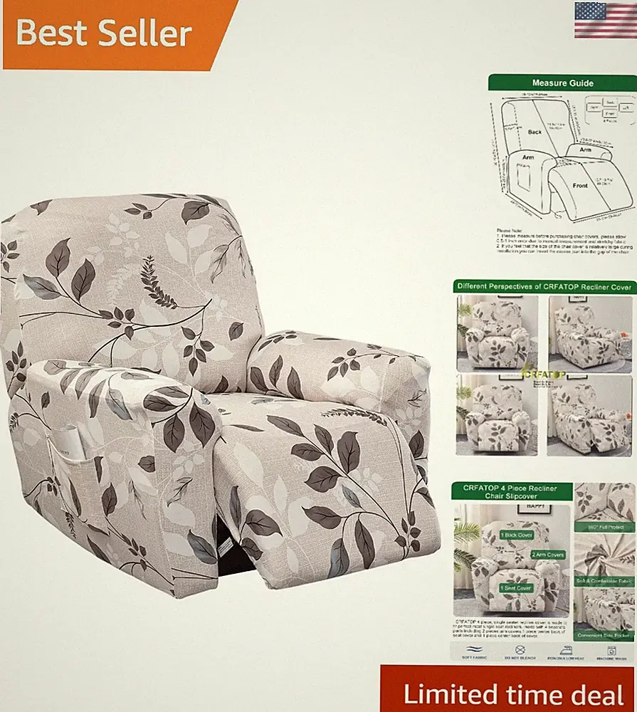 Recliner Cover Floral Print Waterproof Slipcover with Pockets Elastic Fit