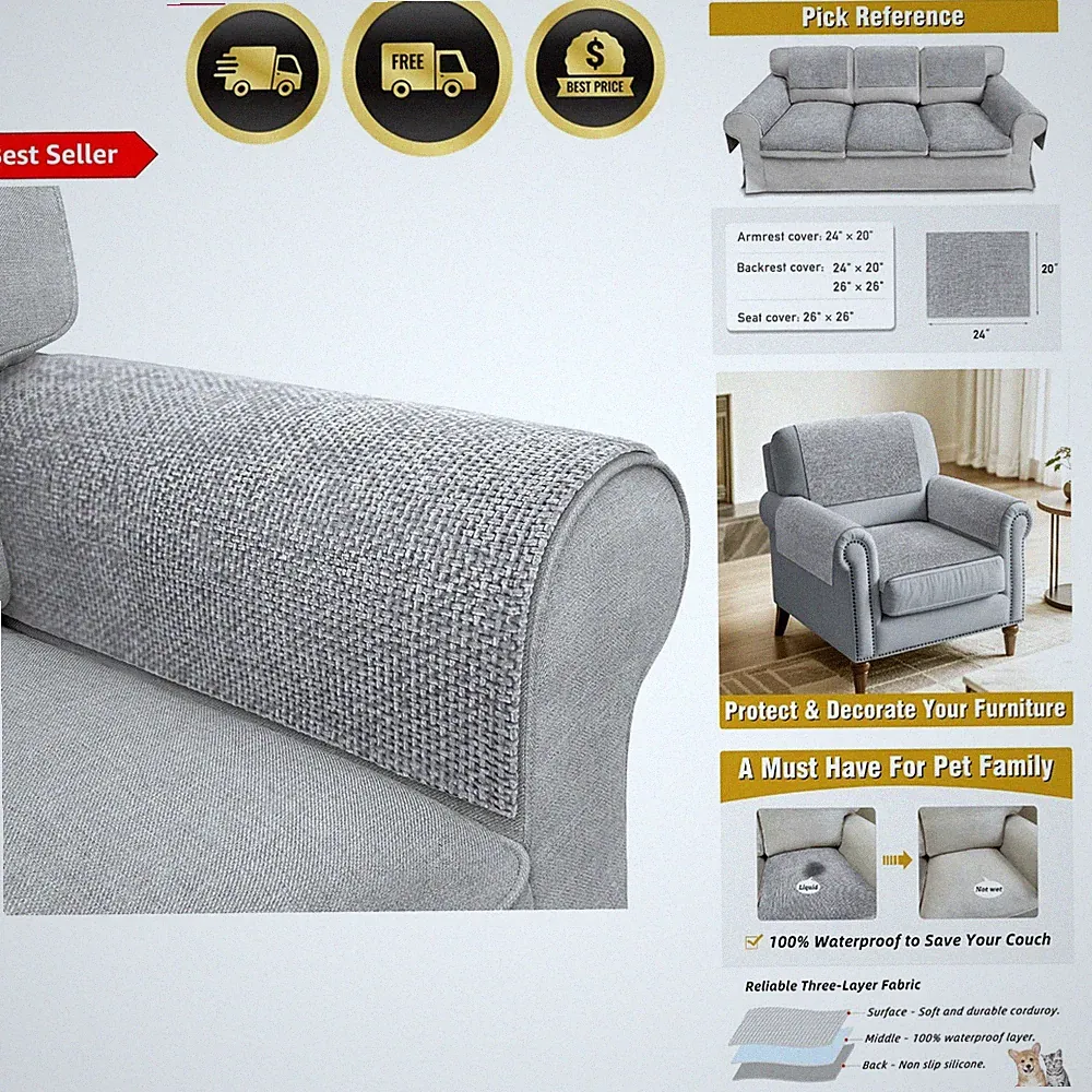 Sofa Arm Covers Waterproof Non-Slip Set of 2 for Couch Armchair Recliner