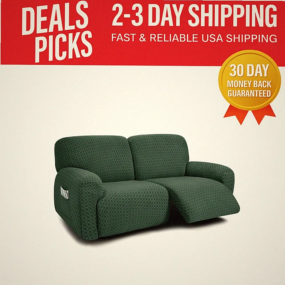 Thick and Soft 2-Seater Reclining Sofa Slipcover, 6-Piece Jacquared Retro Green